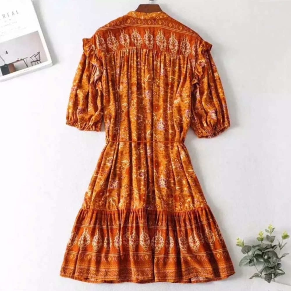 Rust Floral Boho Ruffle 3/4 Sleeve Mini Dress - Picture 8 of 9